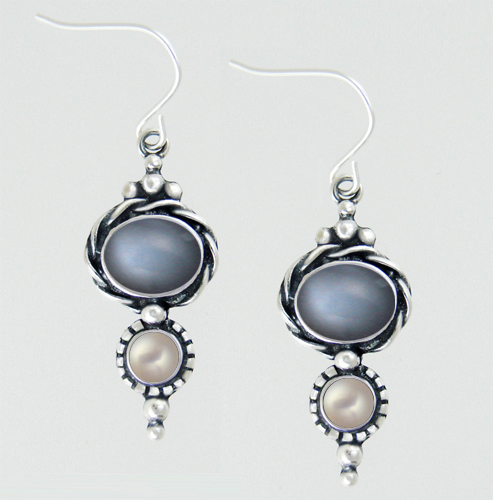 Sterling Silver Drop Dangle Earrings With Grey Moonstone And Cultured Freshwater Pearl